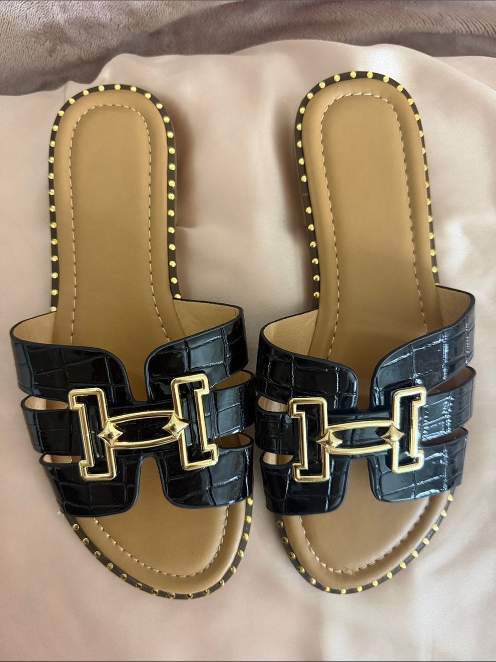 Black Croc-Embossed Slide Sandals with Gold Hardware